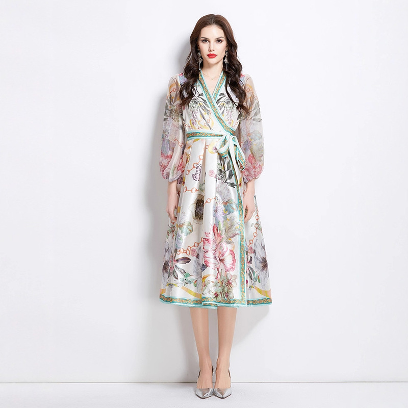 2025 Spring New V Neck Ethnic Style Printed Satin Wrap Long Dress