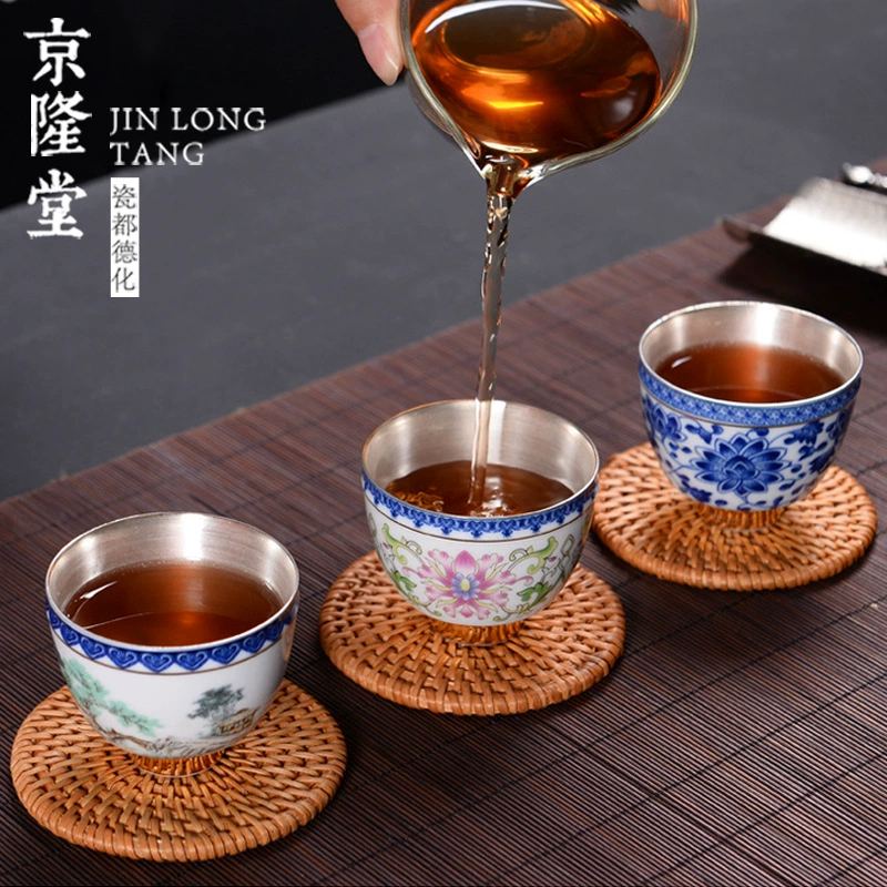 Jinglongtang 999 серебряная чайная чашка, полностью ручная работа, кунг-фу чайная чашка из стали и керамики, серебряная вставка, мастеровая одиночная чашка для дома