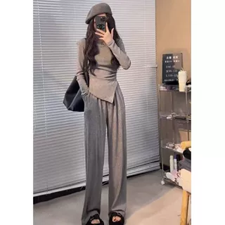 直筒新款上衣秋冬修身T恤时尚套装收腰两件套韩版休闲不规则黑色