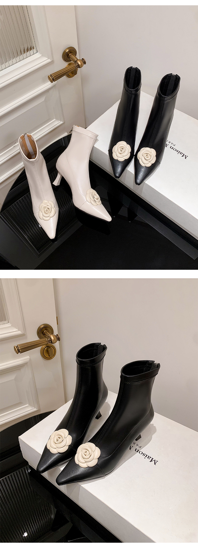 Boot nữ cổ thấp mũi nhọn phối màu thanh lịch, gót mỏng 6 cm, khóa kéo sau — màu đen, Màu trắng nhạt chi tiết 8