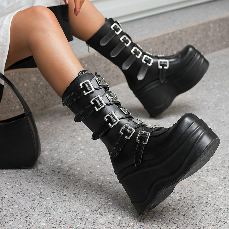 Martin boots women's platform British style short boots wedge high heel mid-calf motorcycle boots belt buckle women's Knight boots