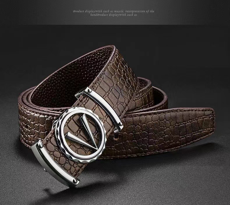 Neuer Krokodilgürtel für Herren aus Oberleder mit zahnloser automatischer Schnalle, echter Leder-Buchstaben-Modegürtel, trendige Marken-Freizeitanzughose_voghion.com