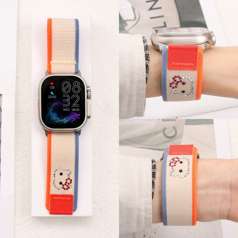 The New Model Is Suitable for Apple Iwatch10 9 Watches, Wild Nylon Velcro Cute Diamond-Encrusted Watch Strap The New Model Is Suitable for Apple Iwatch10 9 Watches, Wild Nylon Velcro Cute Diamond-Encrusted Watch Strap