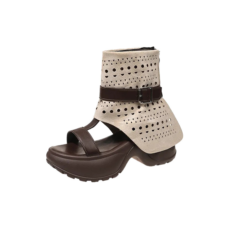 Aumentar la altura de los dedos expuestos botas respirables huecas 2026 nuevo verano pequeño muffin retro sandalias romanas