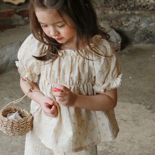 2024 Summer Strawberry Sand Korea Children's Clothing Girl's Small Floral Elastic Collar Short-Sleeve Shirt