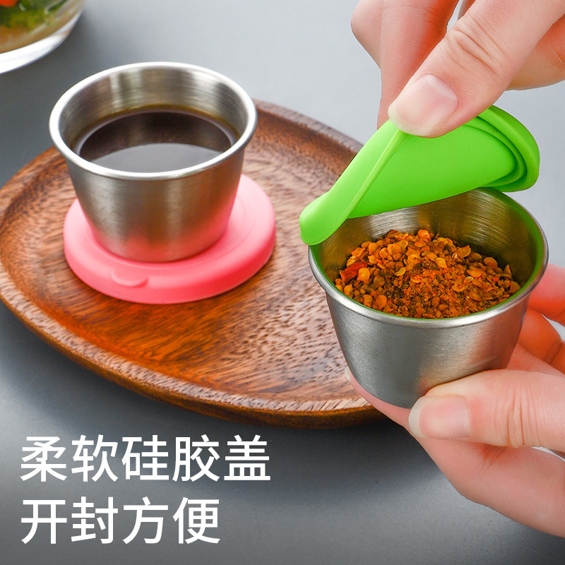 304 plato de inmersión de acero inoxidable sellado a prueba de fugas cubierta de silicona plato pequeño carne ensalada salsa taza 70ml condimento plato