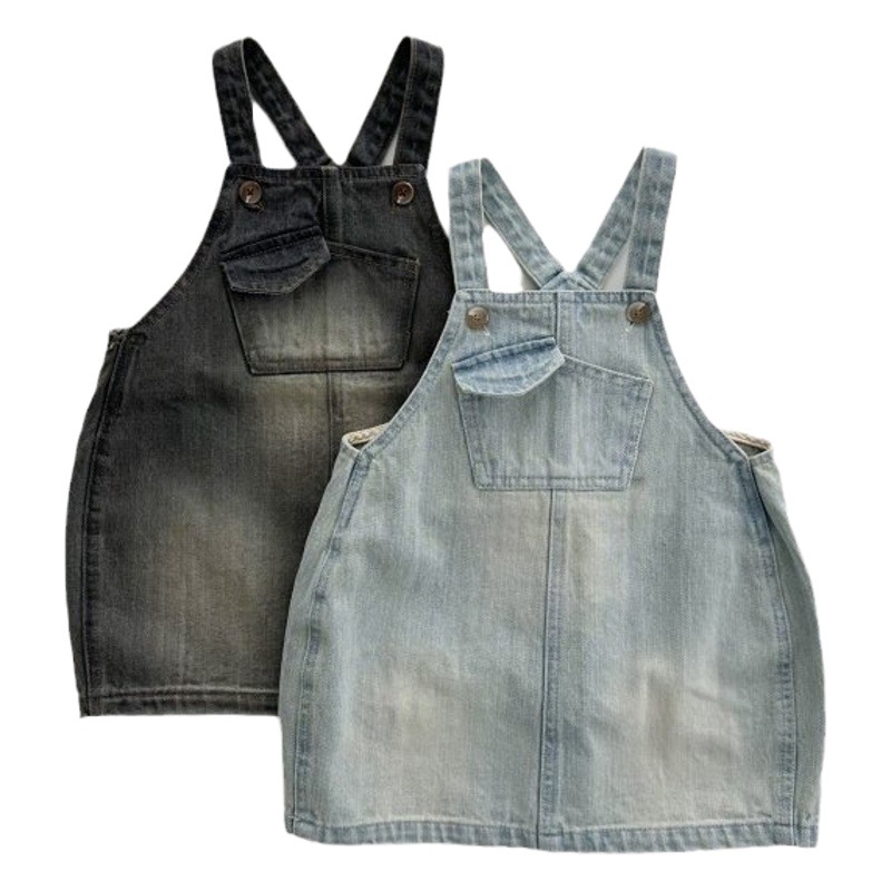 Korean ins Autumn New Children's Wear Denim Skirt Small and Medium-sized Children's Soft Denim Retro Pocket Girl's Straight Dress