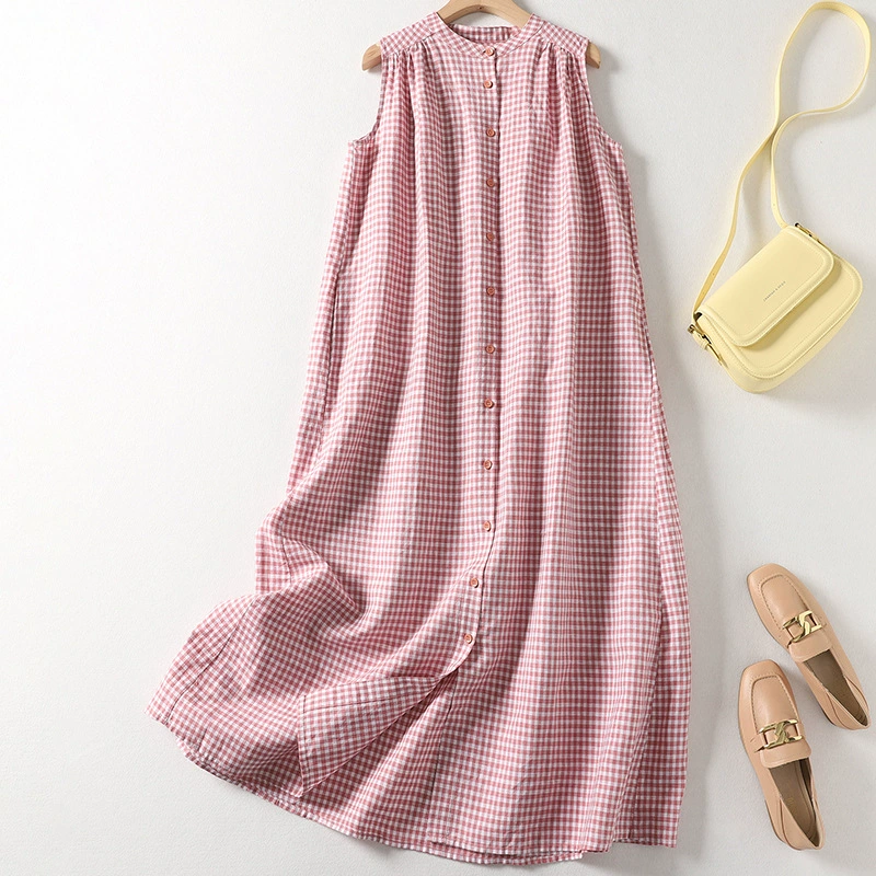 Летнее женское платье-жилет из хлопка и льна, розово-белая клетка, без рукавов, полностью расстегивающееся, А-силуэта, свободного кроя, лето 2025