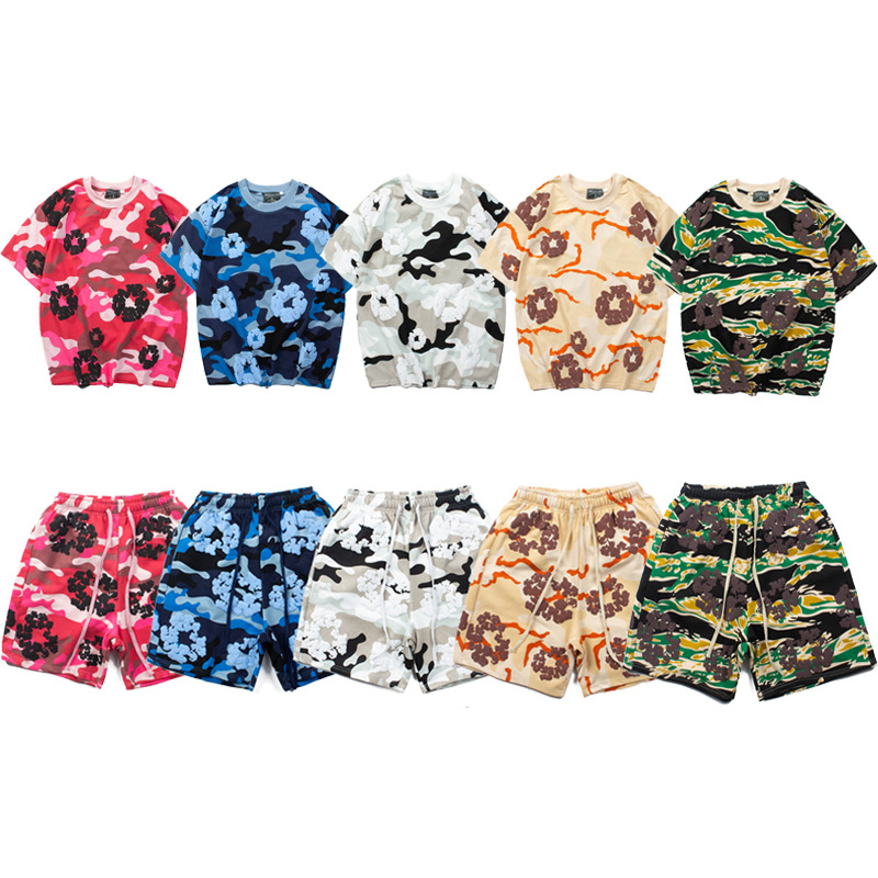 跨境欧美潮牌新款DENIM TEARS木棉花图案迷彩印花短裤短袖套装男t