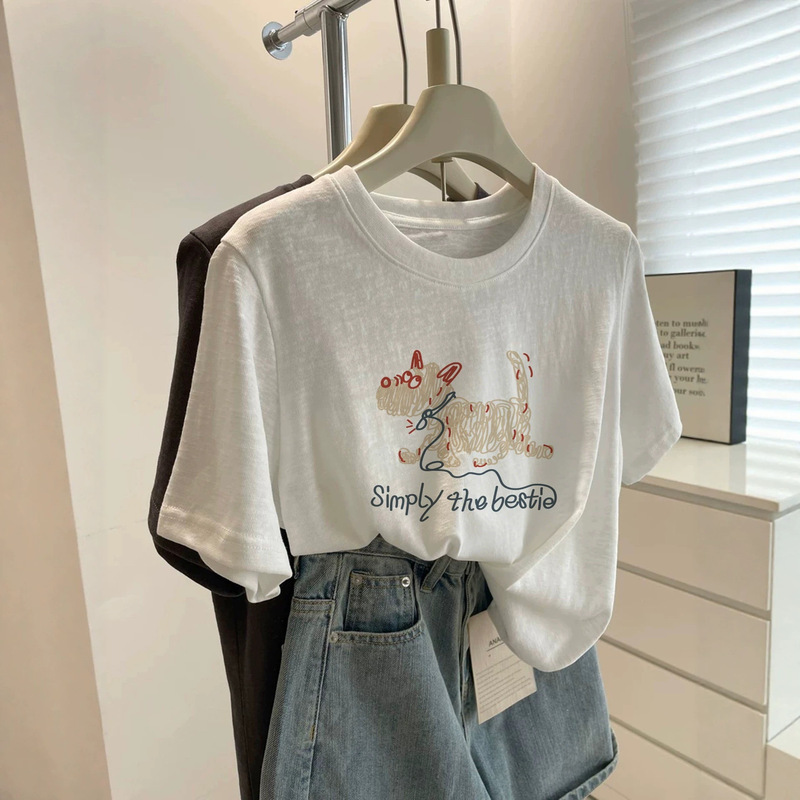 2026 Trendy Round-Neck Snowflake Cotton Short-Sleeve T-Shirt for Women, White Korean Style, Youthful Versatile Slim-Fit Top, Summer Thin Version