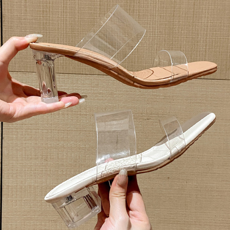 高跟鞋凉鞋女2025年夏季新款时尚透明中跟水晶鞋时装粗跟外穿拖鞋