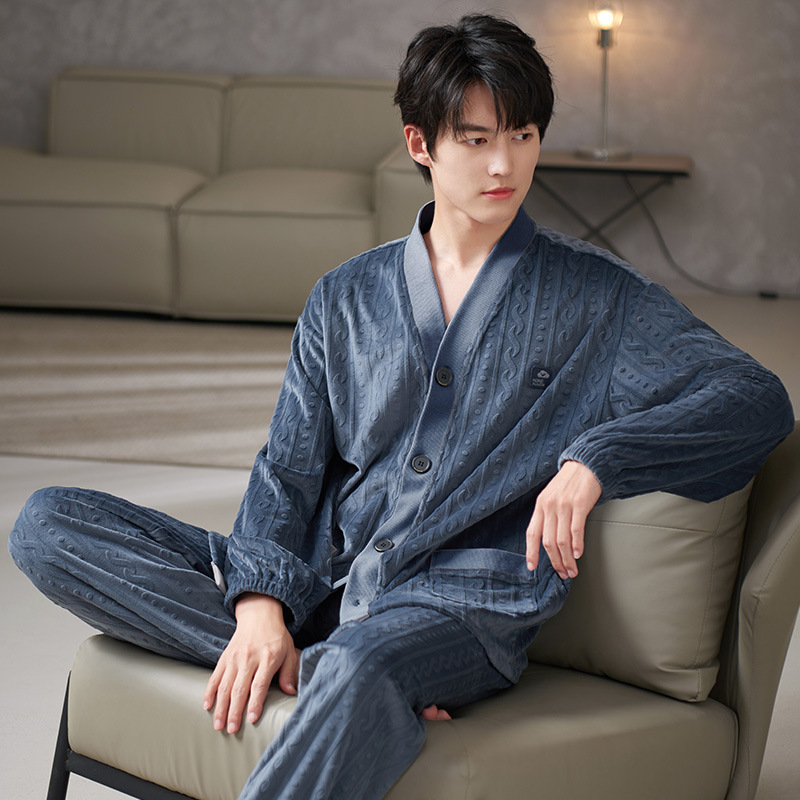 Xuan Jing Winter Men's Home Wear V-Neck Cardigan Long-Sleeved Trousers fleece-lined Thickened Warm Island Velvet Outer Wearing Pajamas