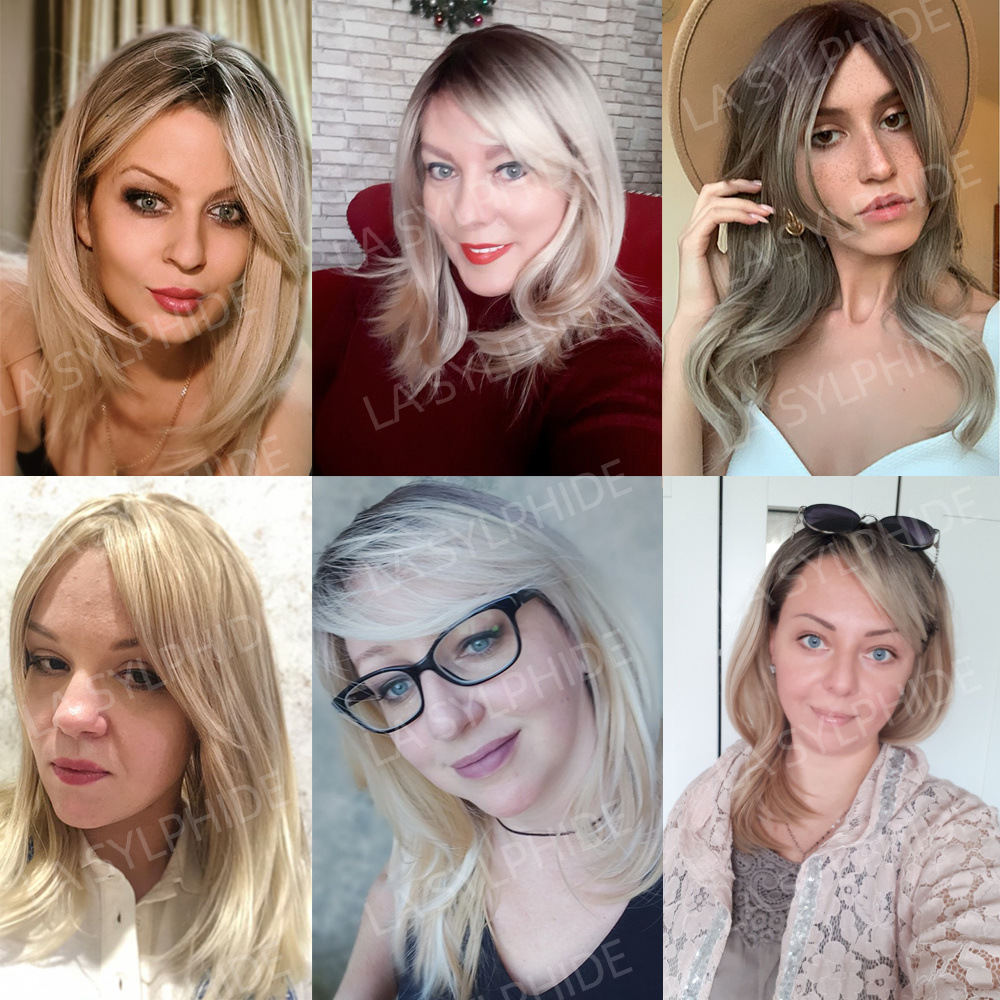 Marrón degradado dorado medio largo pelo recto hebilla interior Comercio exterior al por mayor ocho caracteres flequillo peluca hembra pelo completo cabeza cubierta pelucas