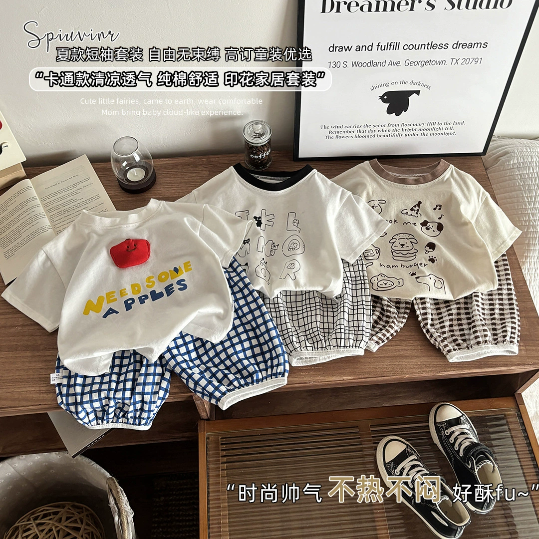 Детский клетчатый костюм для детей от 1 до 7 лет, летняя новая стильная футболка с надписью для мальчиков, шорты для девочек, комплект из двух предметов, детская одежда в корейском стиле