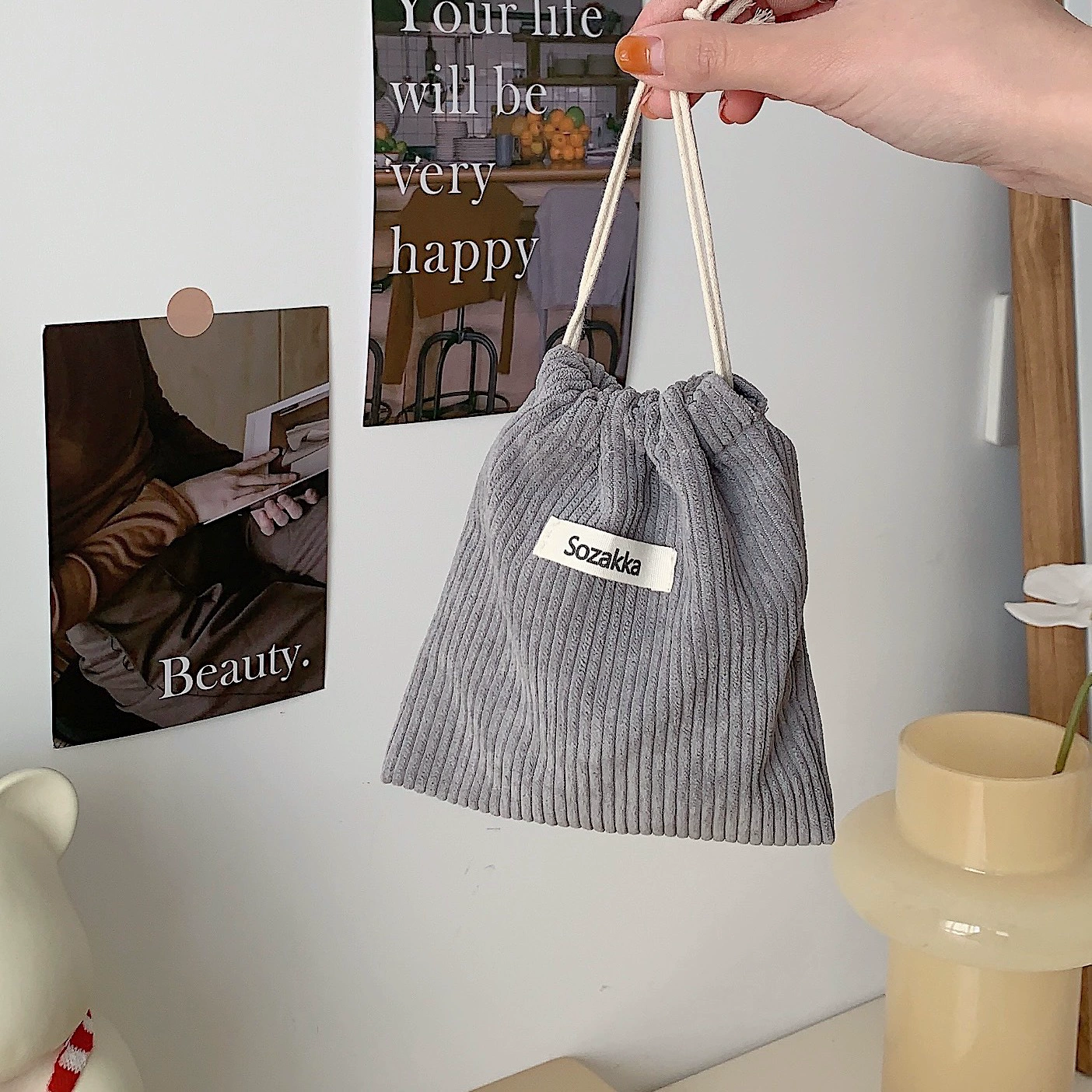 Storage bag, cosmetic bag, handheld capacious shoulder bag, drawstring