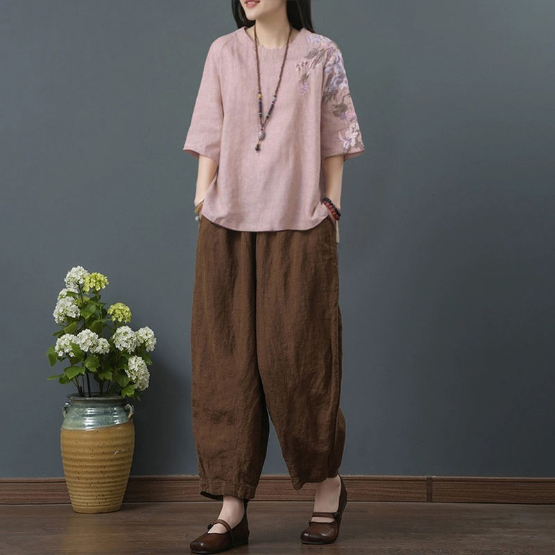 ゆったり大きいサイズの婦人服中年ママ夏リネン刺繍綿麻トップスレディース半袖Tシャツ9点パンツスーツ|undefined