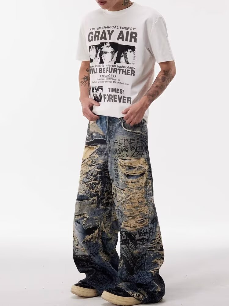 Herren Graffiti Destroyed Jeans Gerade Lockerer Streetstyle_voghion.com