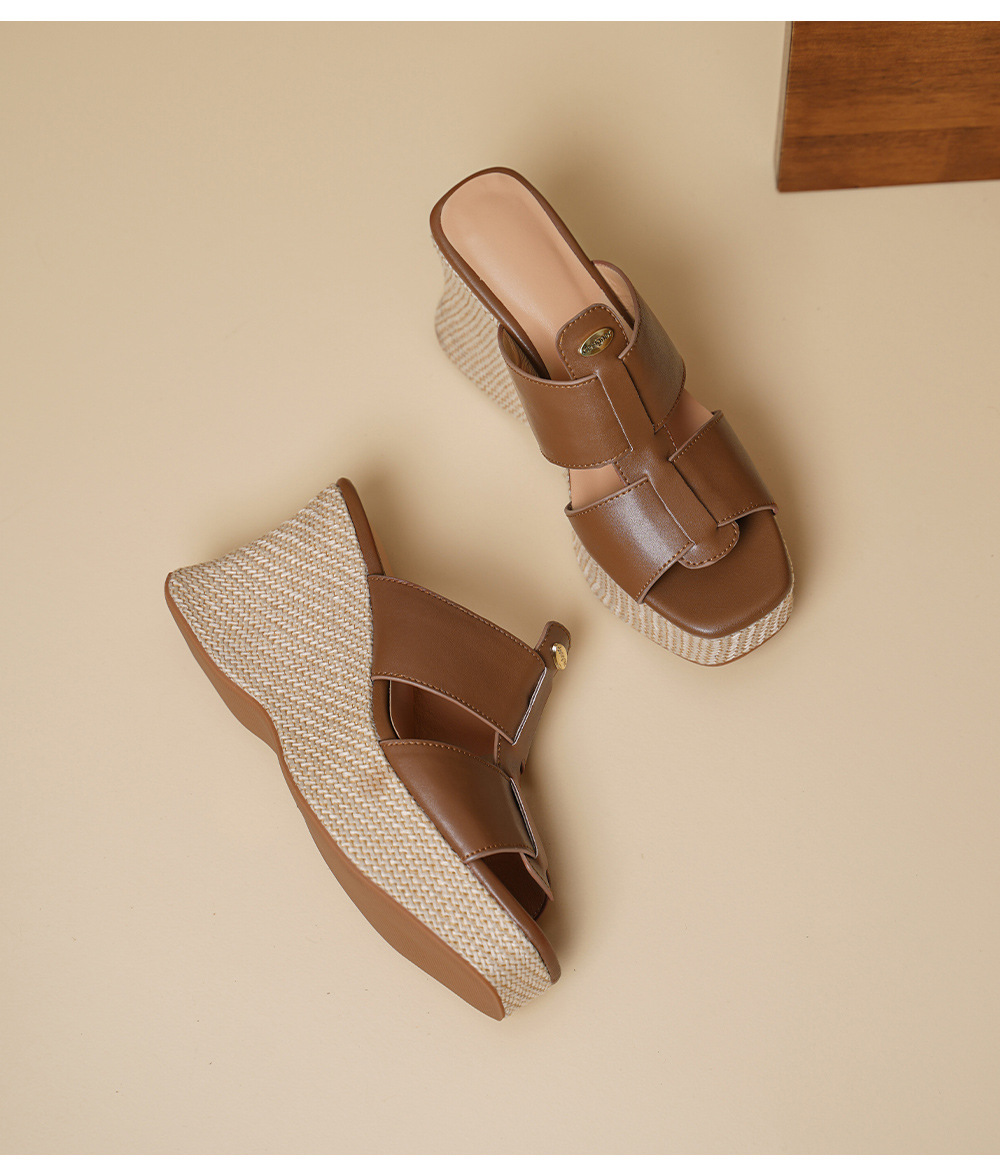 Sandal cao gót nữ hở mũi phong cách Bohemian đế xuồng đan dây — màu nâu, màu mơ chi tiết 14