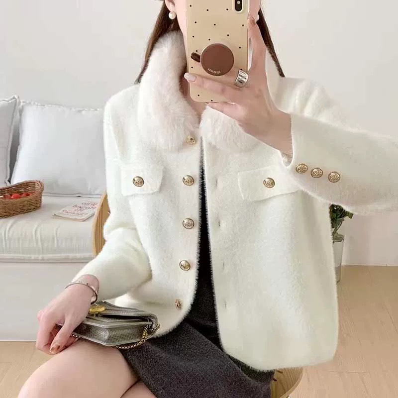 带毛领仿水貂绒短款外套女2025秋冬季新款洋气显瘦小香风开衫上衣|undefined