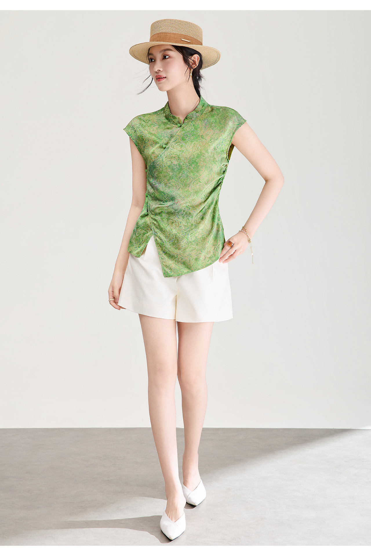 Áo vest không tay nữ kiểu Trung Quốc mới, chất lụa Jacquard nhuộm chìm, tà áo chéo, mặc mùa hè — màu xanh nhạt chi tiết 20