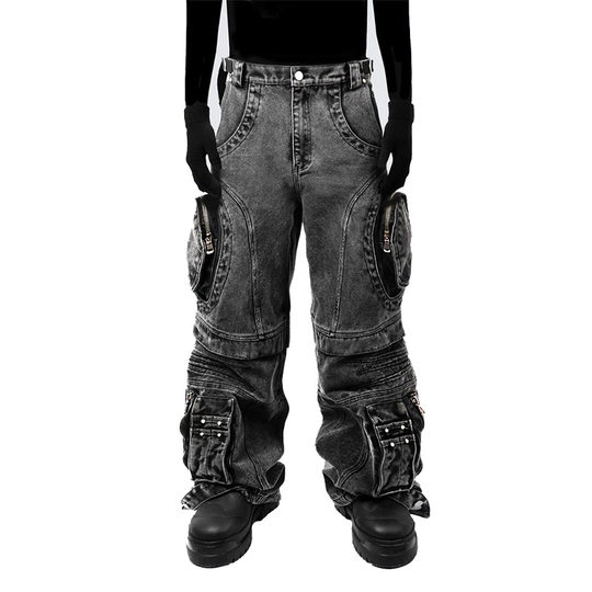 American Style High Street Jeans for Men and Women Retro Street Old Washed Zipper Large Pocket Loose Straight Tooling Pants