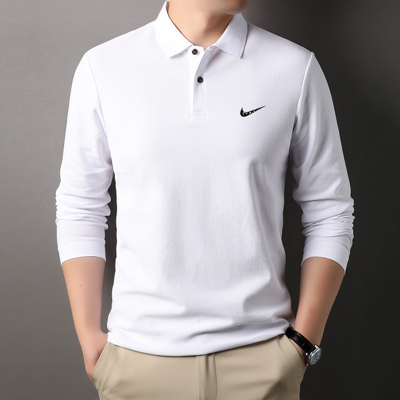 Spring and autumn men's cotton long-sleeve t-shirt polo shirt, middle-aged business casual turn-down collar solid color loose-fit top Spring and autumn men's cotton long-sleeve t-shirt polo shirt, middle-aged business casual turn-down collar solid color loose-fit top