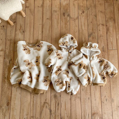 韓國童裝2021冬裝母女寶寶連體爬服兒童卡通熊毛毛套頭外套親子裝