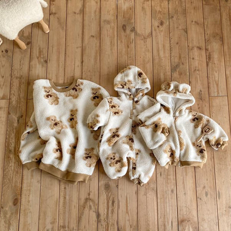 韓國童裝2021冬裝母女寶寶連體爬服兒童卡通熊毛毛套頭外套親子裝