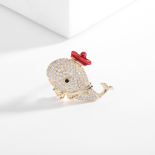 Japanese and Korean-style cute dolphin brooch with micro-set zircons, exquisite ocean creature whale pin, suit jacket decoration