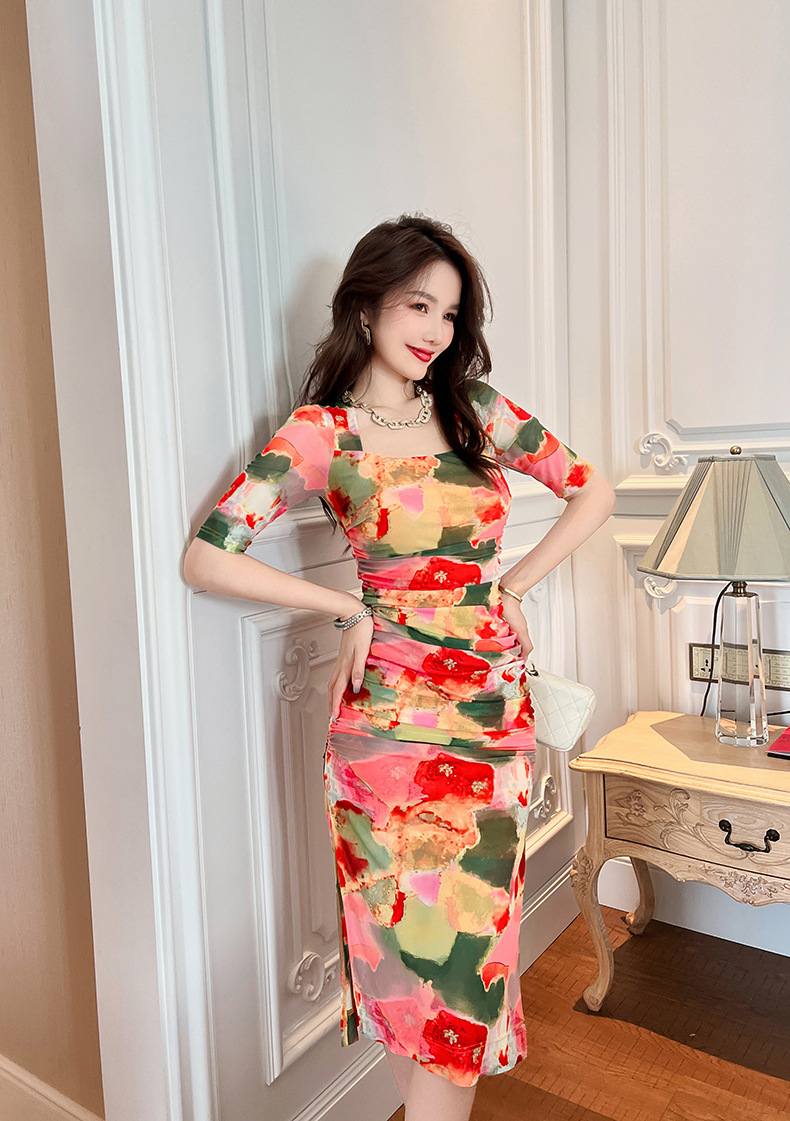 Váy dài ôm hông cổ vuông in họa tiết hoa phong cách Pháp — Màu hoa chi tiết 14