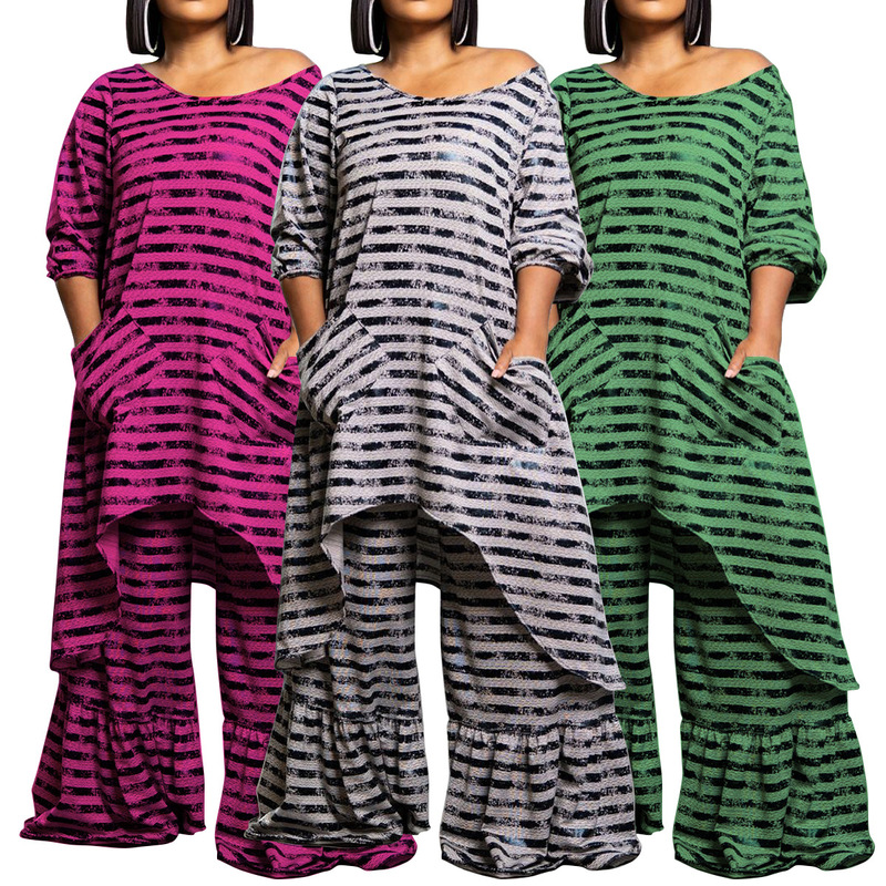 N8046 European and American Cross-border Women's Autumn Fashion Casual plus size Irregular suit Wide-leg Pants Two-piece Home Clothes