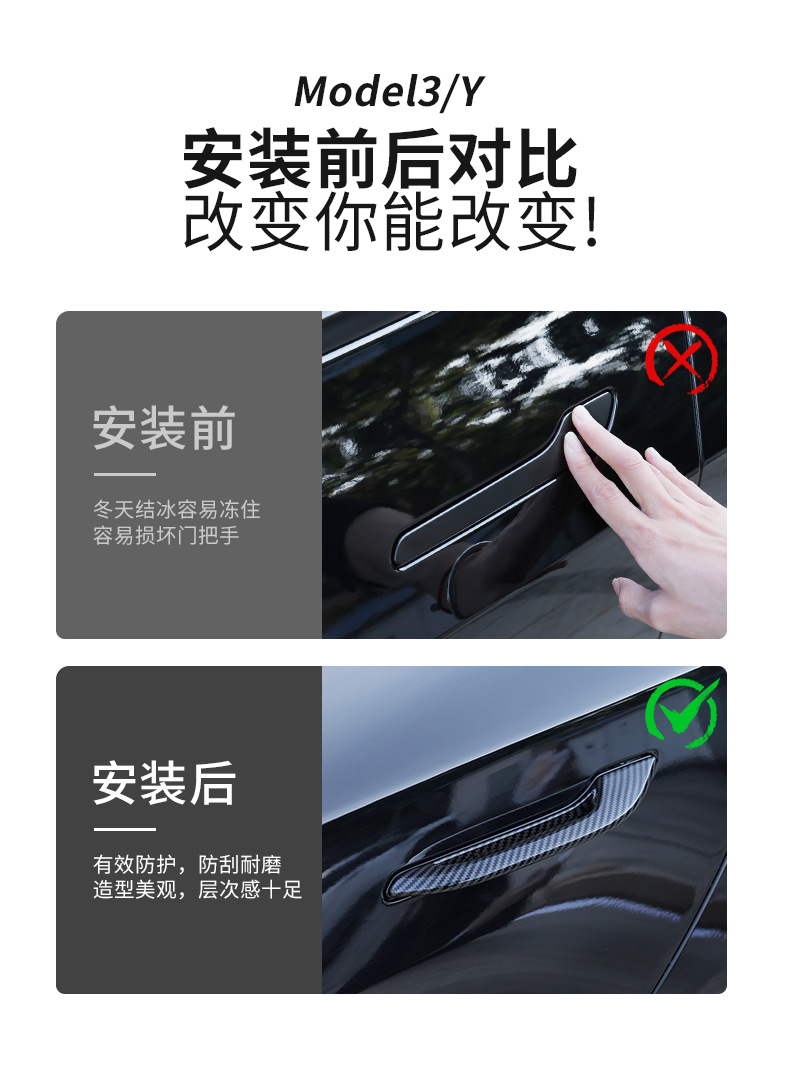 Applicable to the new version of Model3 Y door handle antifreeze installation Tesla carbon fiber pattern door handle modification