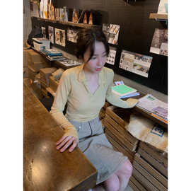 现 2026春季新款韩国东大门baby酱简约修身半开V领长袖T恤