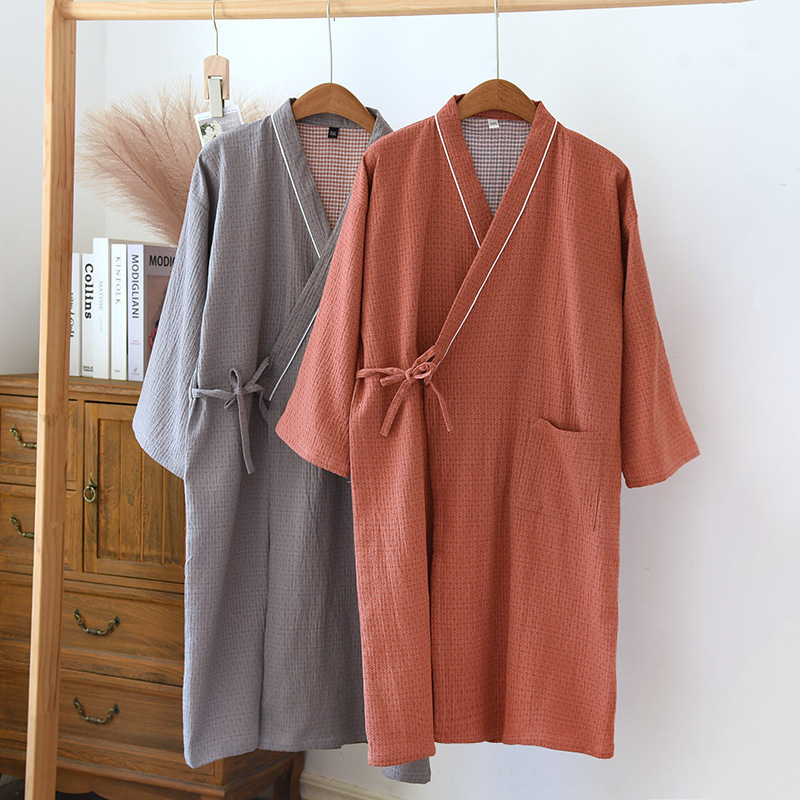 Cotton washed yarn-dyed rhombus pattern couple's nightgown men's spring and autumn bathrobe women's mid-length Japanese kimono yukata