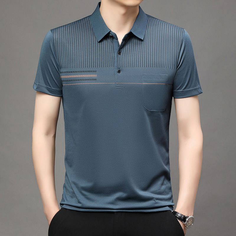 Young and Middle-aged Short-sleeved T-shirt with Pocket Pullover Striped Lel POLO Shirt Half-sleeved Top Men's Fashionable T-shirt for Dad