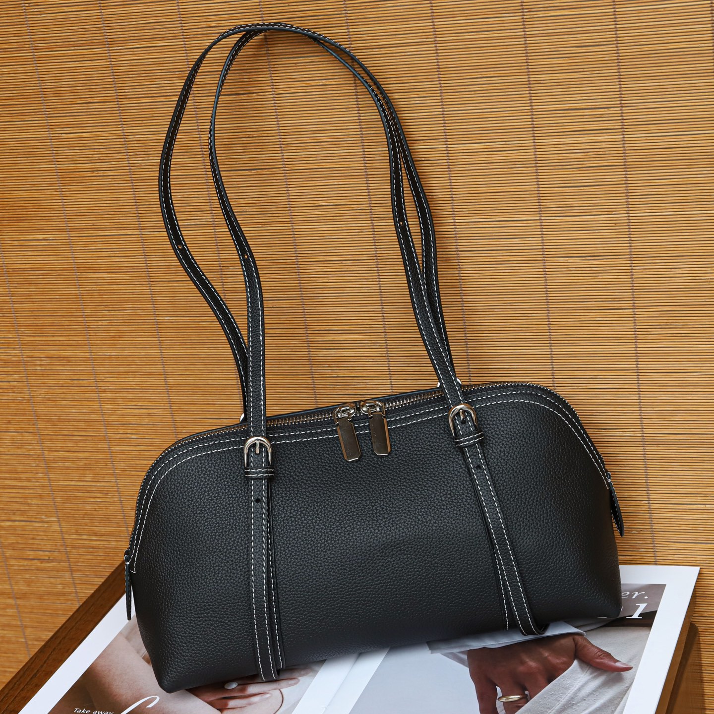 Cross-Border Women's Top Grain Cowhide Bowling Bag Retro Casual Commuter Genuine Leather Shoulder Handbag - Thumbnail 7