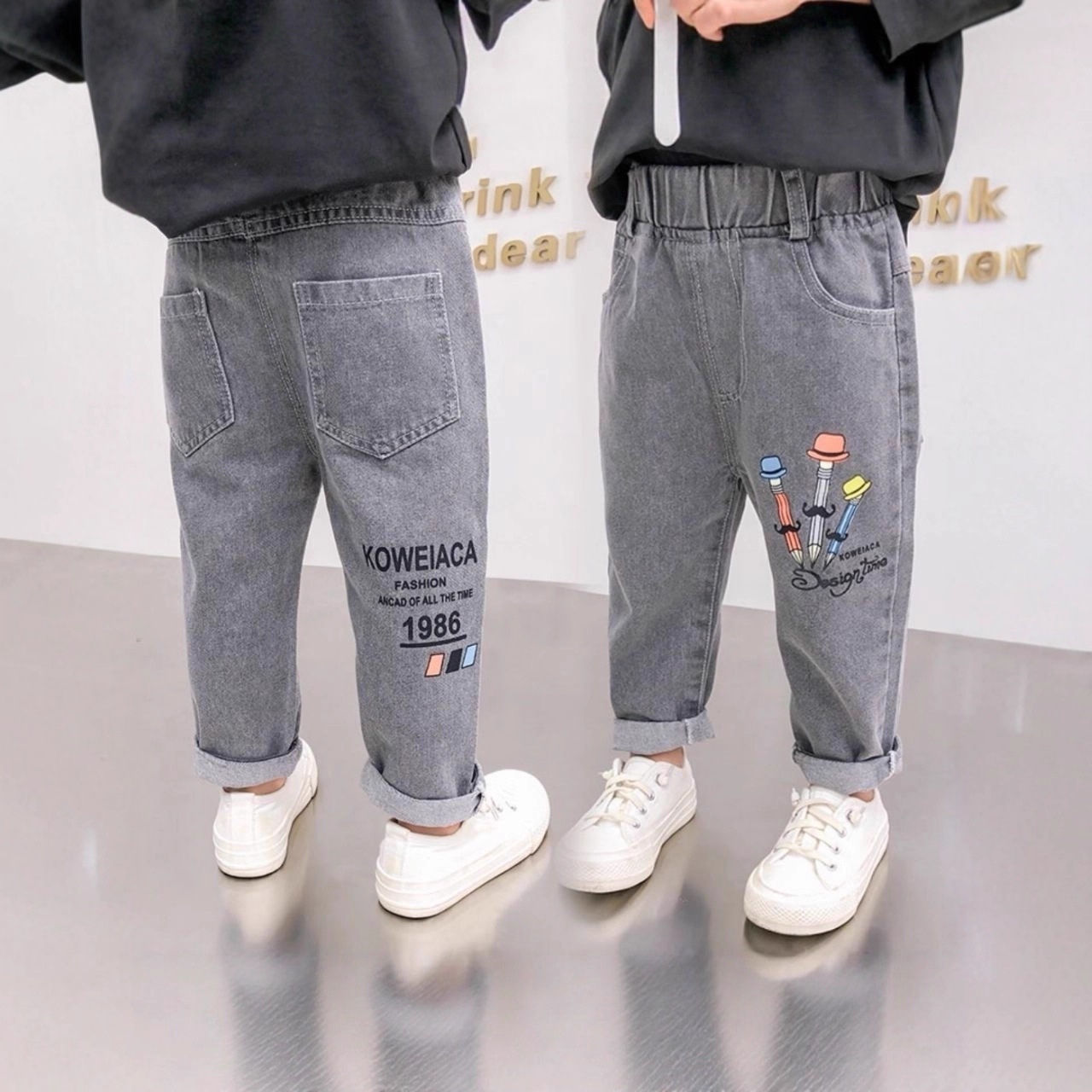 时尚童装和牛仔裤，适合男孩和女孩，现代风格卡通