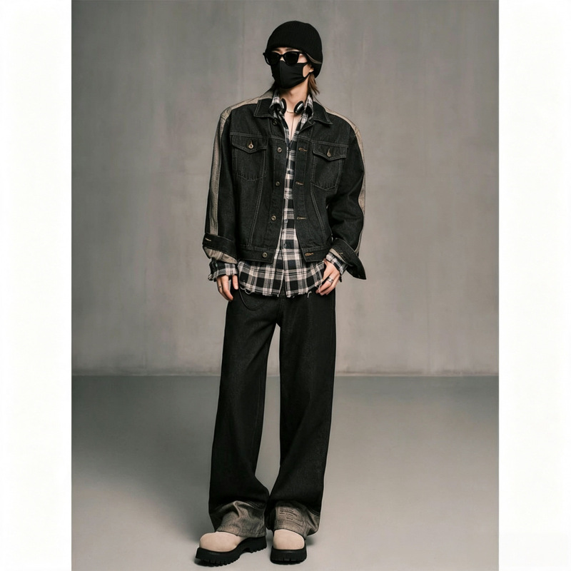 Men's retro denim jacket, plaid shirt, loose wide-leg pants, trendy casual sports suit Men's retro denim jacket, plaid shirt, loose wide-leg pants, trendy casual sports suit
