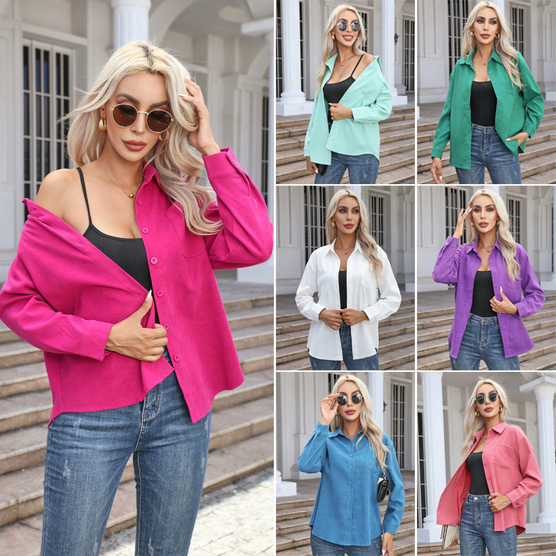 2026 Amazon Cross-Border Foreign Trade Autumn and Winter New European and American Casual Lapel Brushed Mid-Length Long-Sleeved Women's Shirt