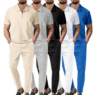2025 Spring and Autumn New European and American Men's Solid Color Suit Waffle Lapel Short Sleeve Zipper Pants Suit