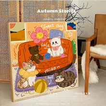 奶油原木风客厅装饰画ins风卧室床头挂画小众可爱猫咪餐厅摆画