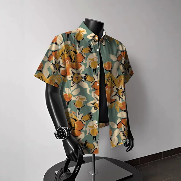 Hong Kong Style Vintage Men's Summer Casual Trendy Beach Couple Shirts Hawaiian American Short-Sleeved Floral Shirts