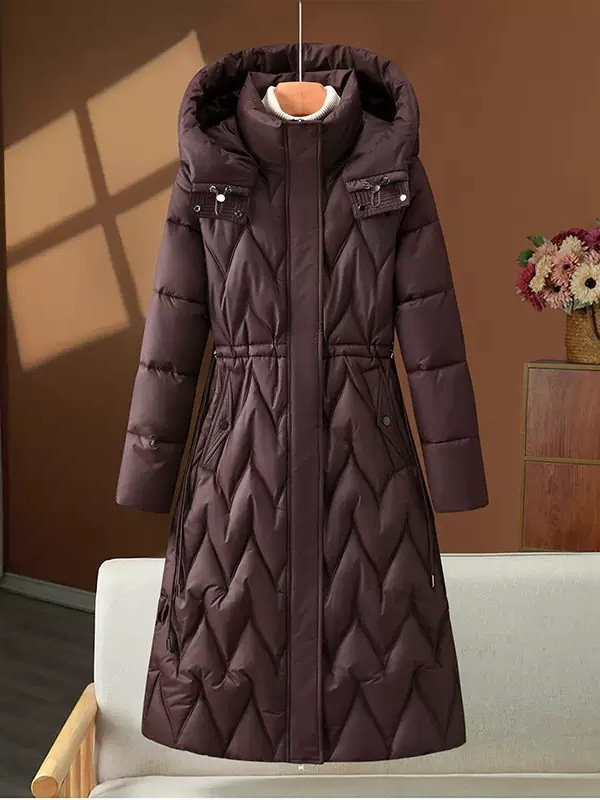 Women’s Knee-Length Down-Alternative Coat – Slim-Fit Belted Winter Parka (M-XXXL, Tailored Warmth, Commuter Chic, Black/Beige/Red/Brown)_voghion.com