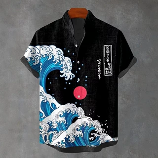 跨境独立站 Temu 日式海浪红日印花立领短袖衬衫厂家批发