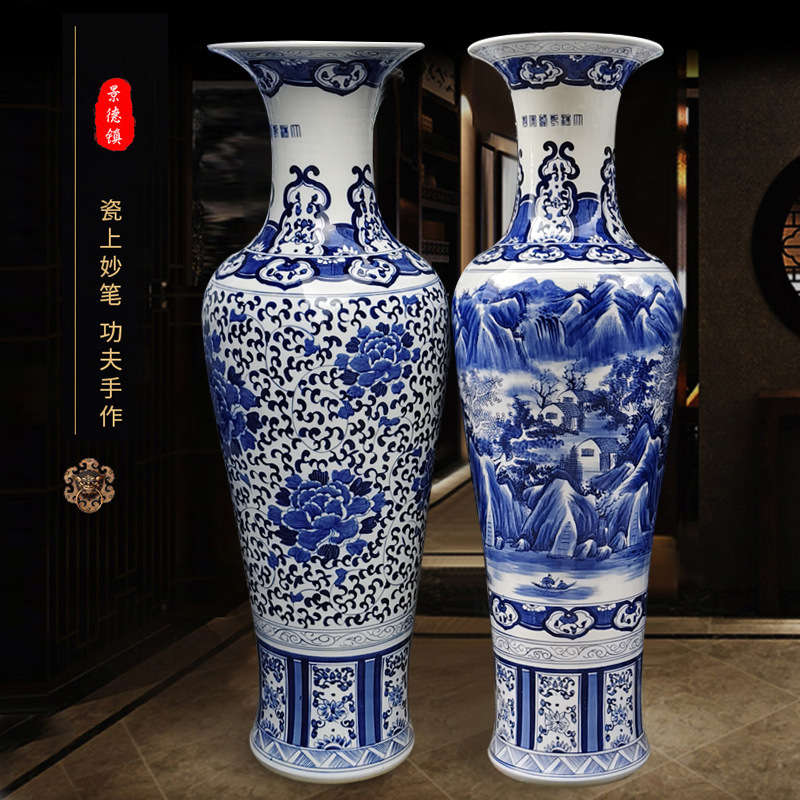 Decoración de cerámica vasos pintados a mano esmaltado porcelana azul colorido paisaje ramas de lotus aterrizaje gran vasos Guanyin vasos grandes ornamentos