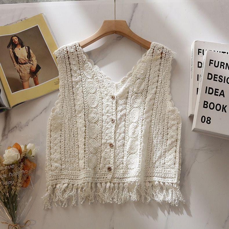 Diseño de nicho francés hueco gancho chaleco de punto chaleco de vestir suelto con bordas sin mangas chaqueta