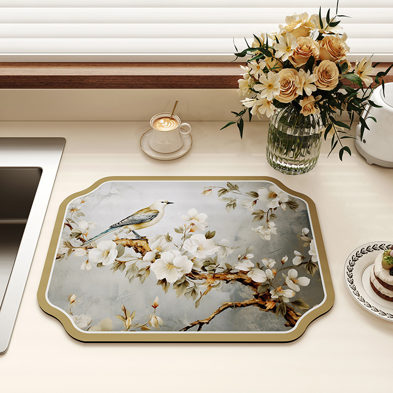 In-Stock Floral and Bird Diatomaceous Earth Draining Mat for Kitchen Countertops, Water-Absorbent American-Style Mat, Durable and Easy to Care For, Heat Insulation Mat, Dropshipping Available