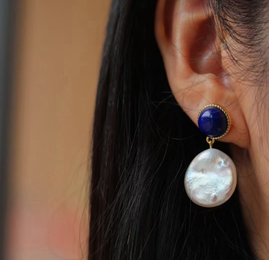 (2개) S  골드 도금 천연 바로크 민물 진주 귀걸이 라운드 바로크 펄 블루 귀걸이 2023