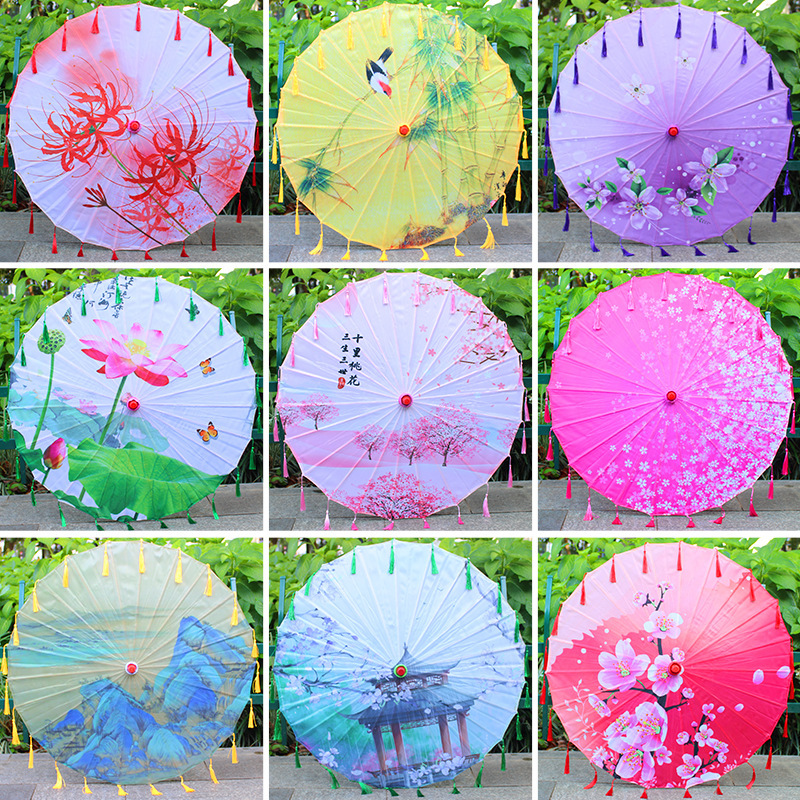 Printed Silk Tassel Flower Umbrella, Ancient Style Sunshade, Imitation Oil Paper Umbrella, Catwalk Dance, Hanfu Photo Prop Umbrella, Retro Style Printed Silk Tassel Flower Umbrella, Ancient Style Sunshade, Imitation Oil Paper Umbrella, Catwalk Dance, Hanfu Photo Prop Umbrella, Retro Style