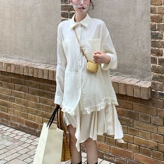 特调香槟 设计师款不规则假两件长袖连衣裙女度假风